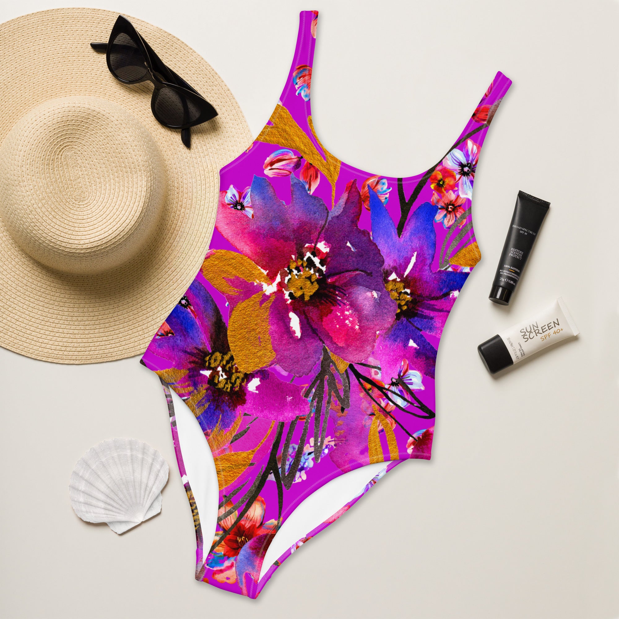 AFA Violet Rose Flower Pattern One-Piece Swimsuit