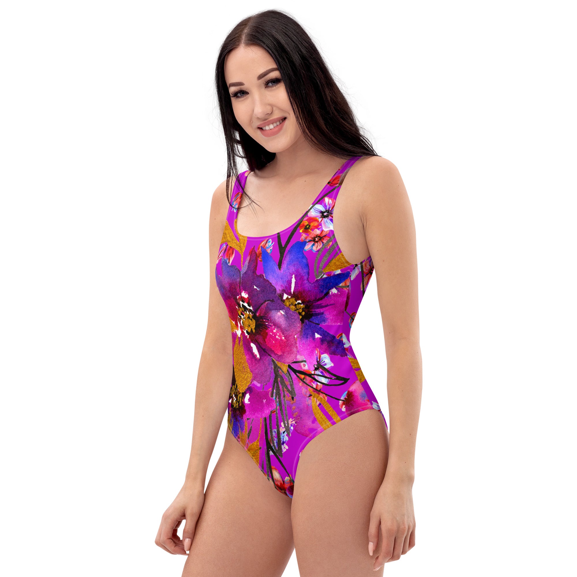 AFA Violet Rose Flower Pattern One-Piece Swimsuit