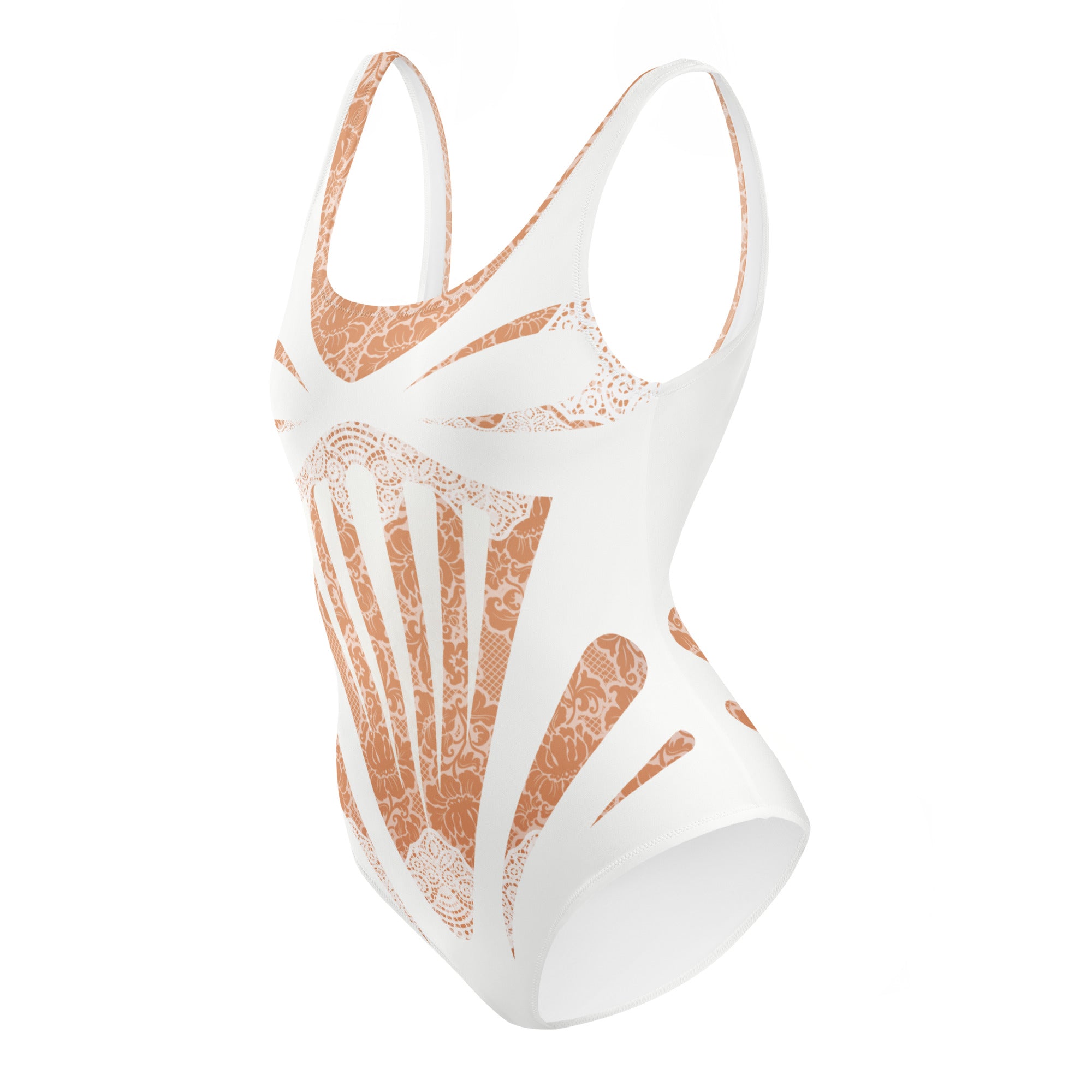 Beach Wedding Romantic White Lace Faux Corset One-Piece Swimsuit