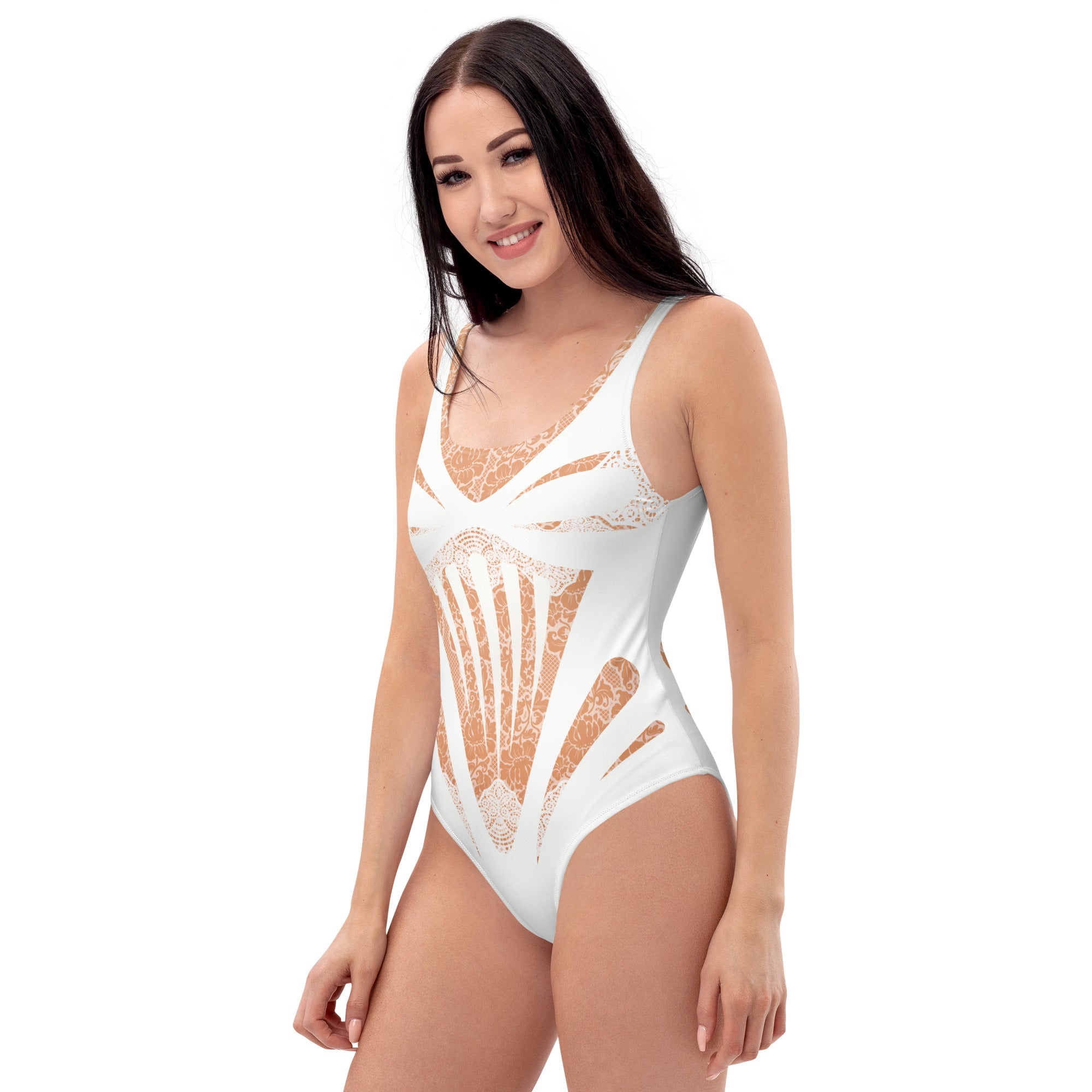 Beach Wedding Romantic White Lace Faux Corset One-Piece Swimsuit