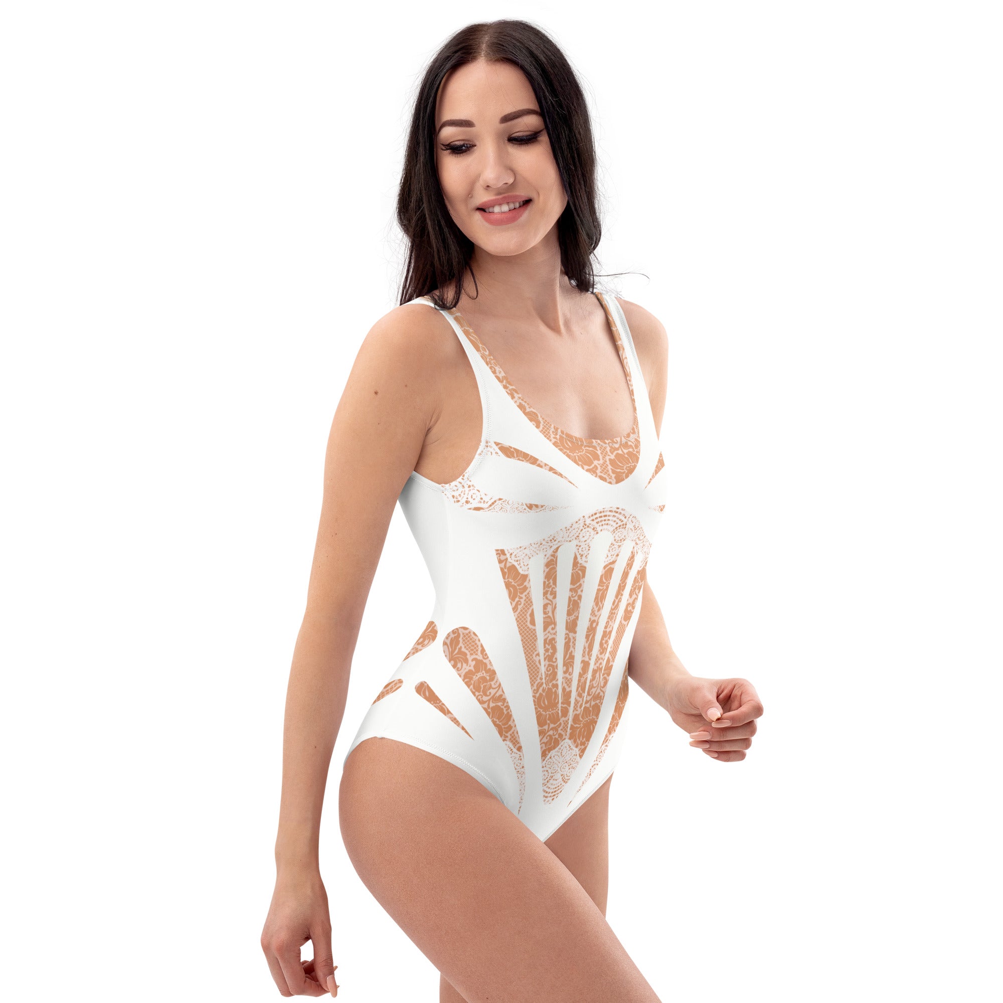 Beach Wedding Romantic White Lace Faux Corset One-Piece Swimsuit