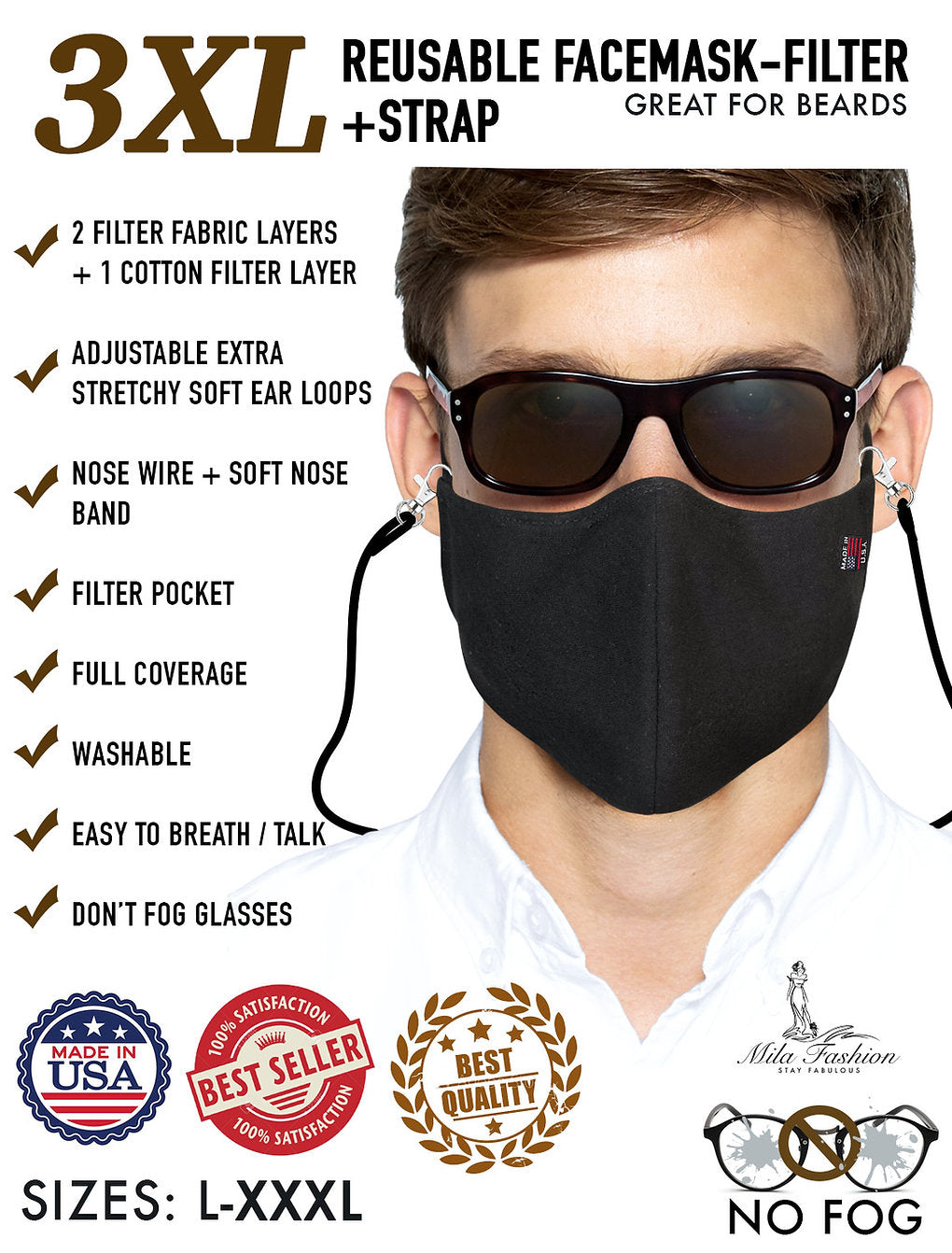 L – XXXL (2XL -3XL) EXTRA LARGE BEARD FACE COVER – FILTER + CARRYING STRAP